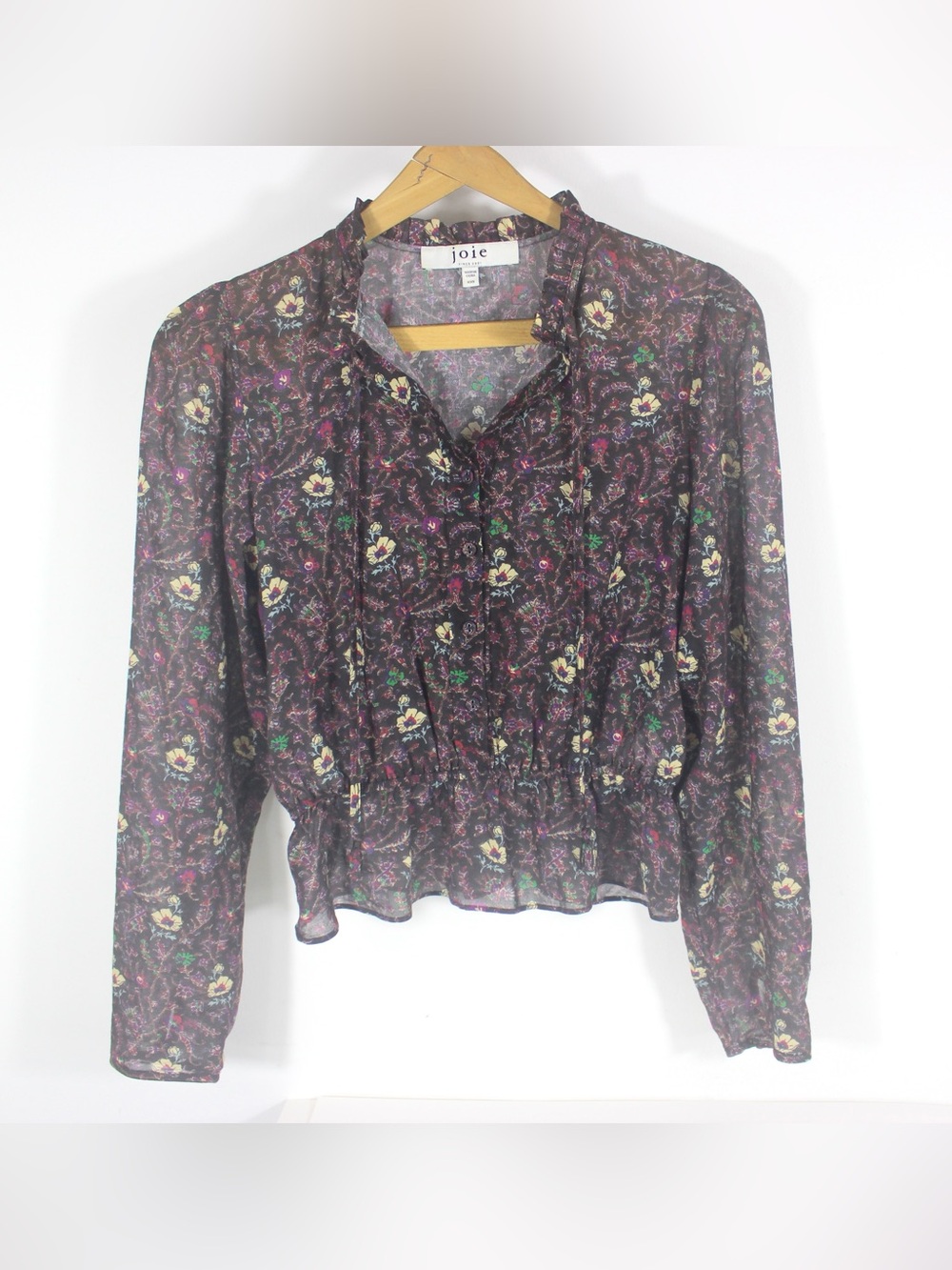 JOIE 100% Cotton Blouse with Self Covered Buttons, Ruffled Neck, Pleated Sleeves